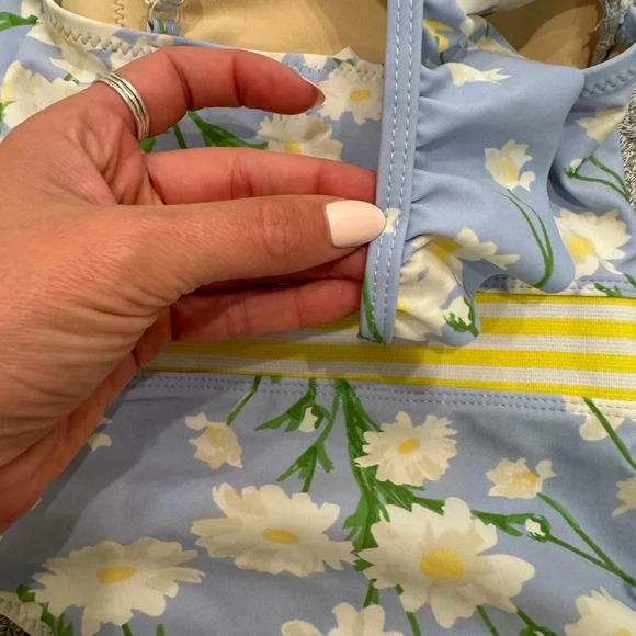 Shade Critters Floral Blue and Yellow One Piece Swimsuit Ruffle Sleeve - Picture 5 of 6